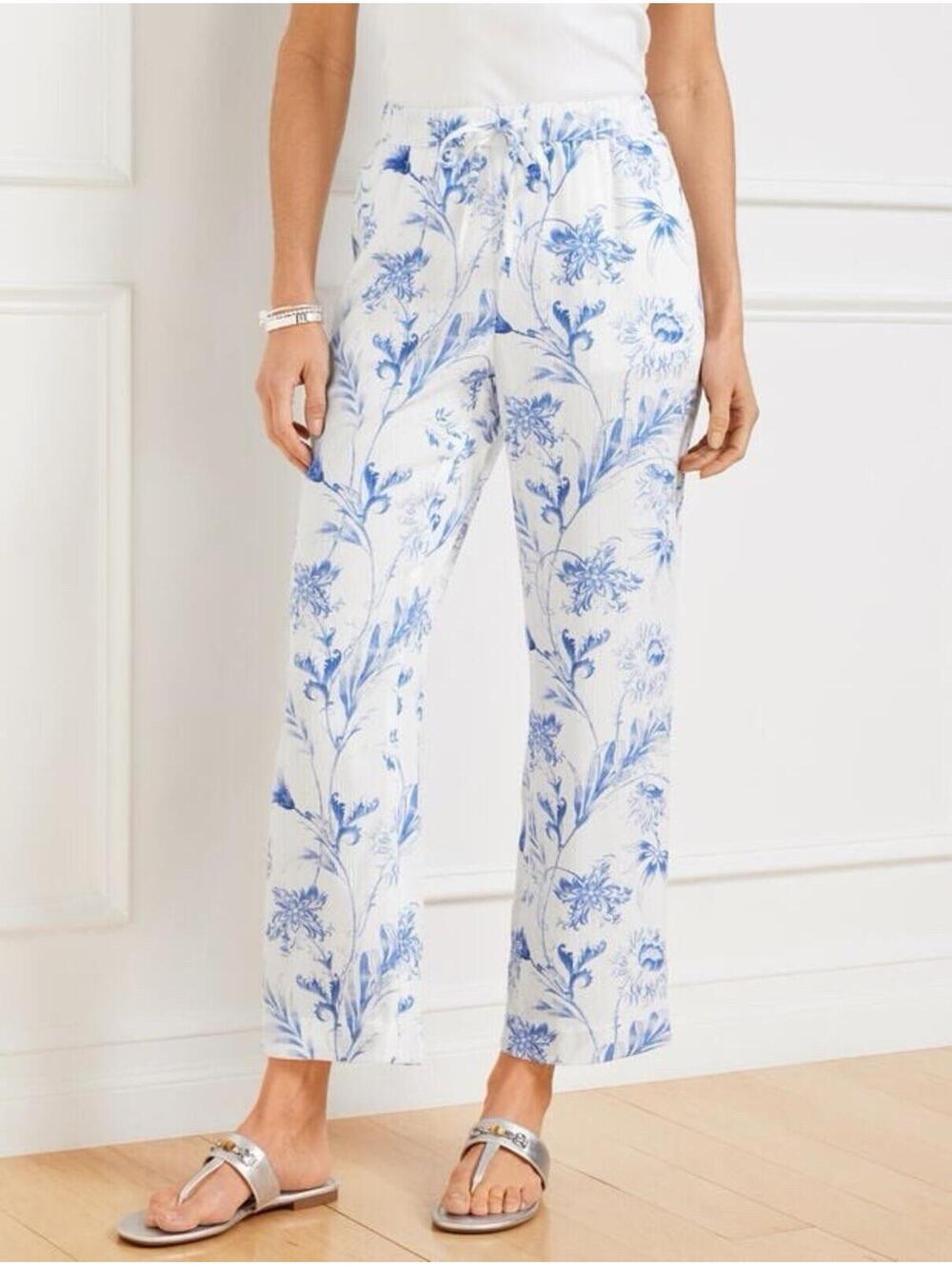TALBOTS LIGHTWEIGHT FLOWY STRAIGHT ANKLE PANTS IN OCEAN FLORA-SIZE PETITE LARGE